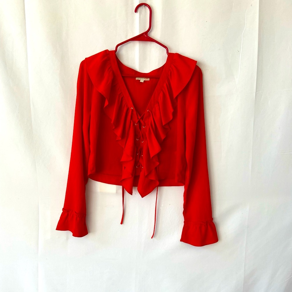 Lace-Up Red Crop Top, long sleeves